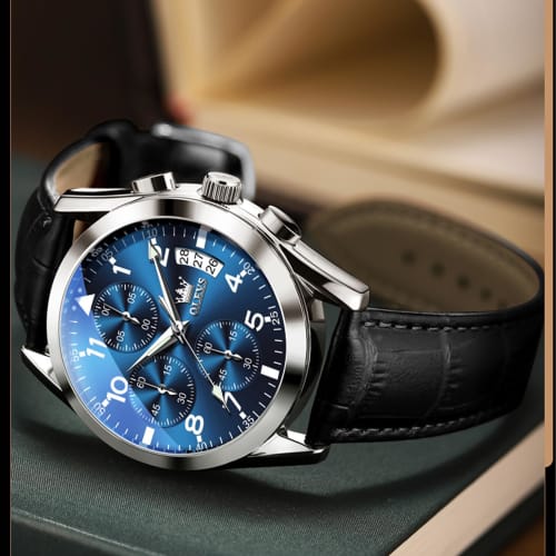 OLEVS Men's Stylish Black Watch, Simple Design, Waterproof, Business Watch with Date Display, Leather Quartz Movement, Analog Chronograph Watch, Popul