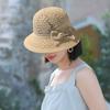 Women's Sun Hat Handmade Straw Woven Bucket Hat with Bow Foldable Sun Protection Fishing Hat for Outdoor Travel Beach
