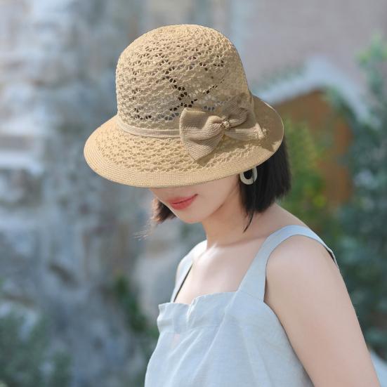 Women's Sun Hat Handmade Straw Woven Bucket Hat with Bow Foldable Sun Protection Fishing Hat for Outdoor Travel Beach