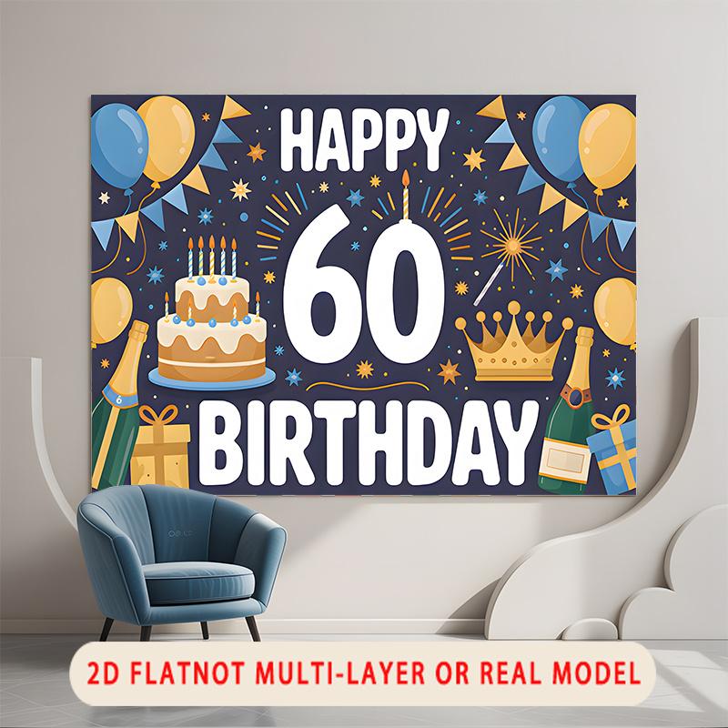Party Backdrop Happy 60Th Birthday Birthday Fireworks Crown Blue 60th Photo Booth Background Wall Decor