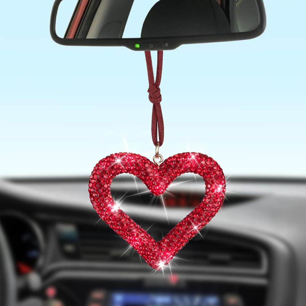 Bling Heart Car Hanging Accessories, Bling Rear View Mirror Accessories, Universal Bling Heart Diamond Car Accessories for Cars, Trucks, SUVs