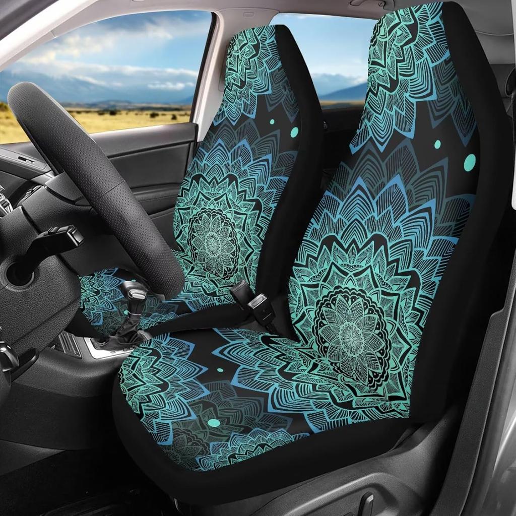 Bulopur Black Boho Floral Car Seat Covers Front Seats Only for Women Men Seat Covers w/Organizer Pocket for Cars SUV Truck Sedan