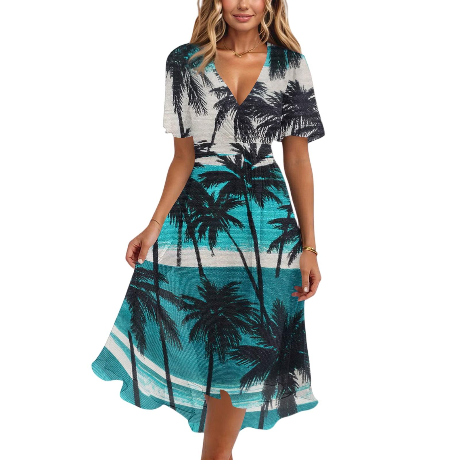 

Women s Fashion Casual V Neck Short Sleeve Ruffled Vintage Printed Dresses XXL хакі