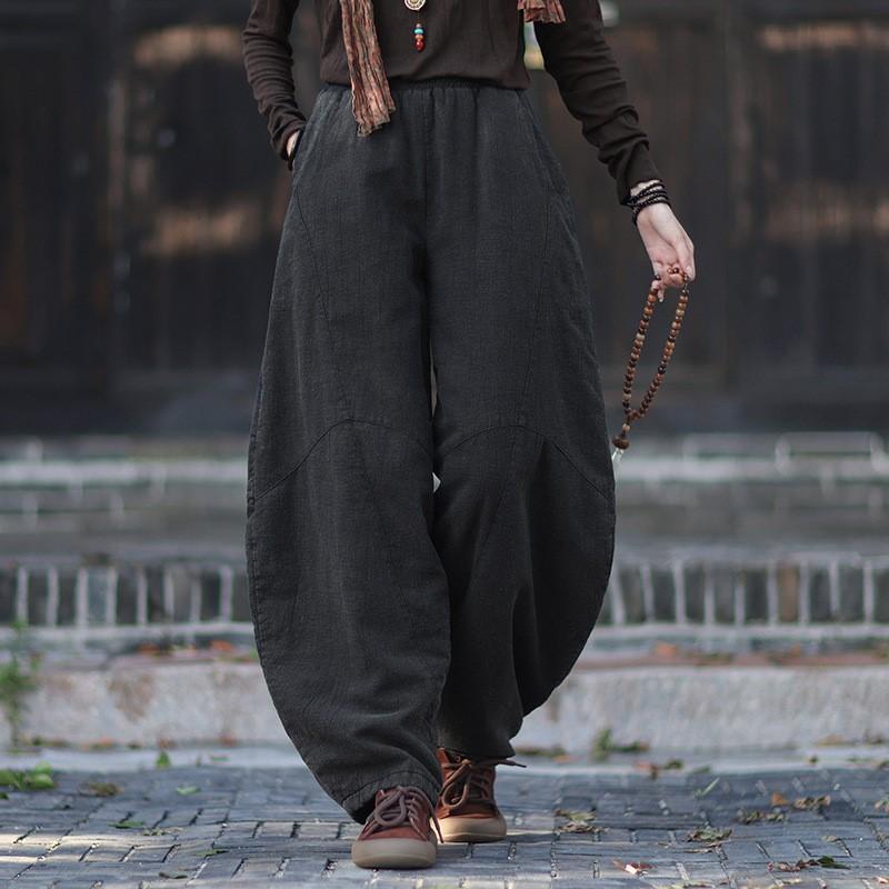 Johnature Women Vintage Bloomers Pants Warm Winter Solid Color Trousers Elastic Waist Loose Pants