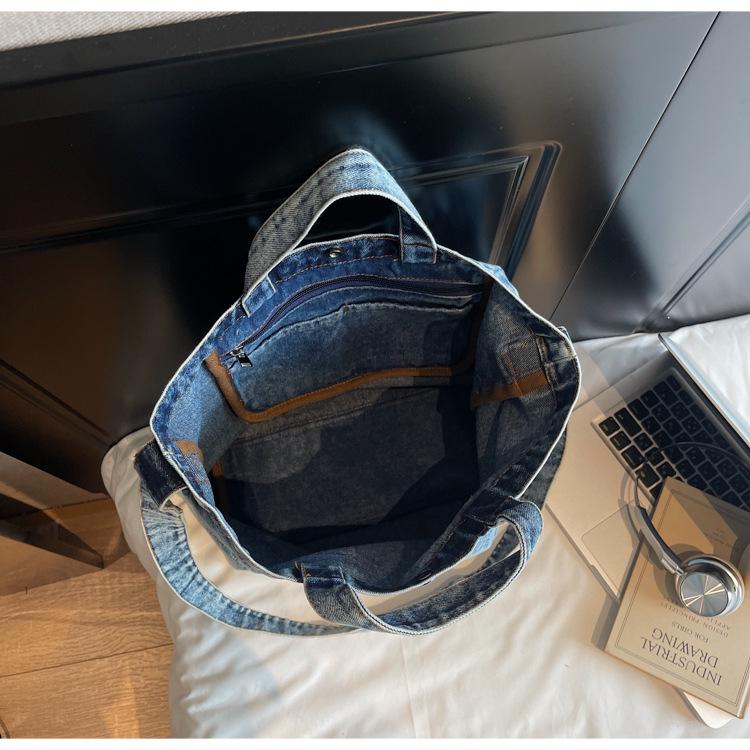 2025 Large Capacity Retro Denim Crossbody Bag with Letter Print - Korean Style for Women