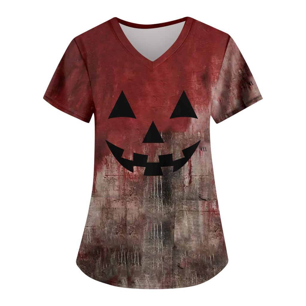Women's Fashion Casual Halloween Printed Pocket T-shirt Tops