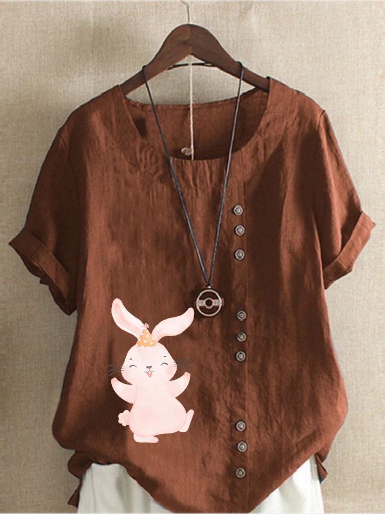 Women's Fashion Cute Rabbit Print Shot Sleeve T-shirt Loose Cotton Shirt Casual Loose Summer Blouse Tops Plus Size