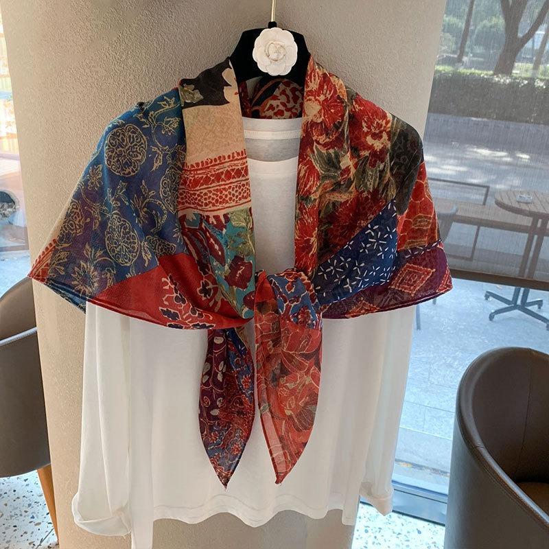[Variety sunscreen shawl retro printed square scarf women's summer silk cotton silk scarf