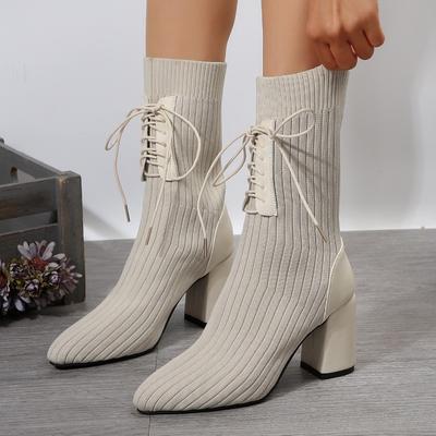 Winter Womens Mid-calf Boots 2024 New Knitted Warm Stretch Fabric Design High Heel Fashion Boots Elegant Pointed Toe Women Boots