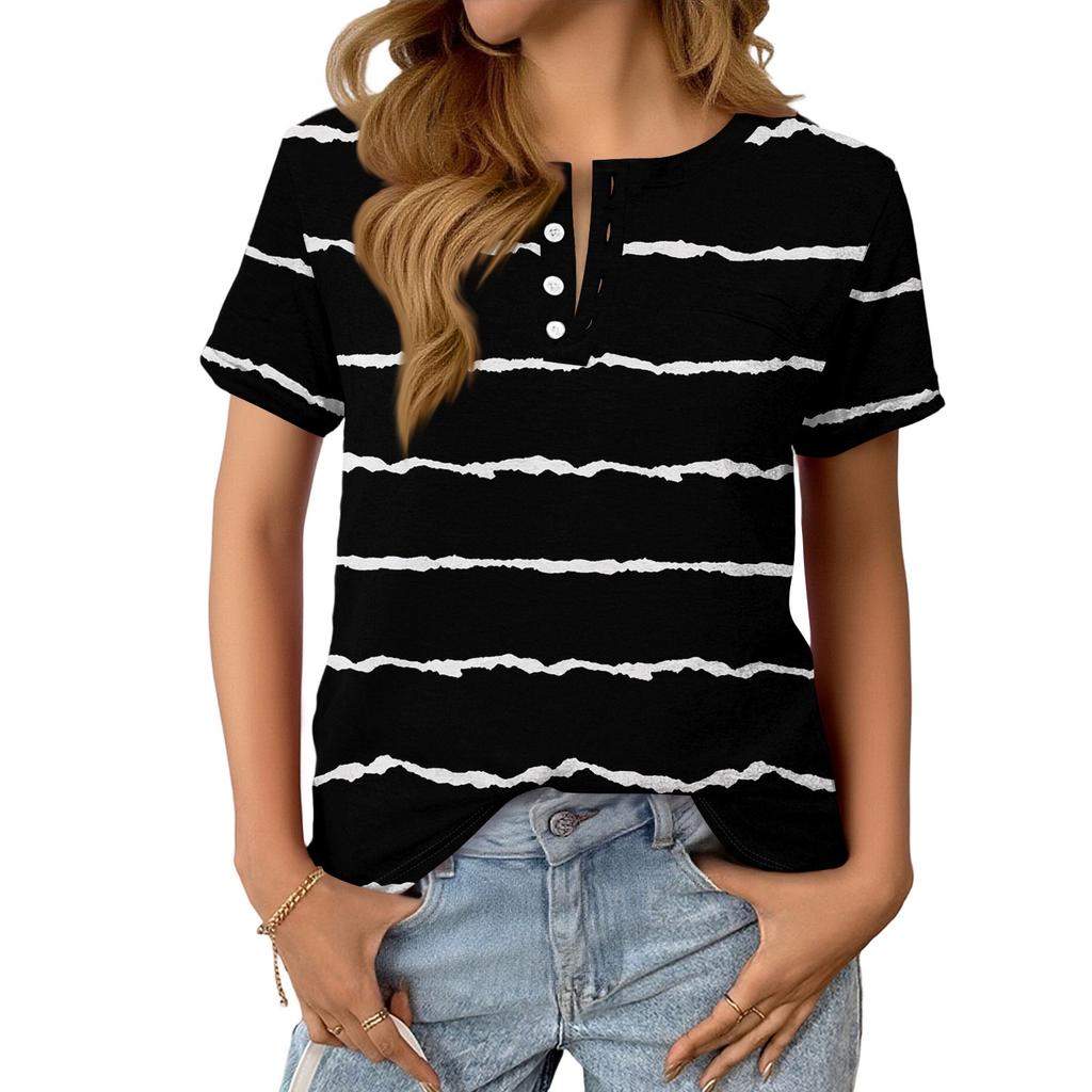 Women's Fashionable Casual Summer Striped V-neck Button Short-sleeved Top