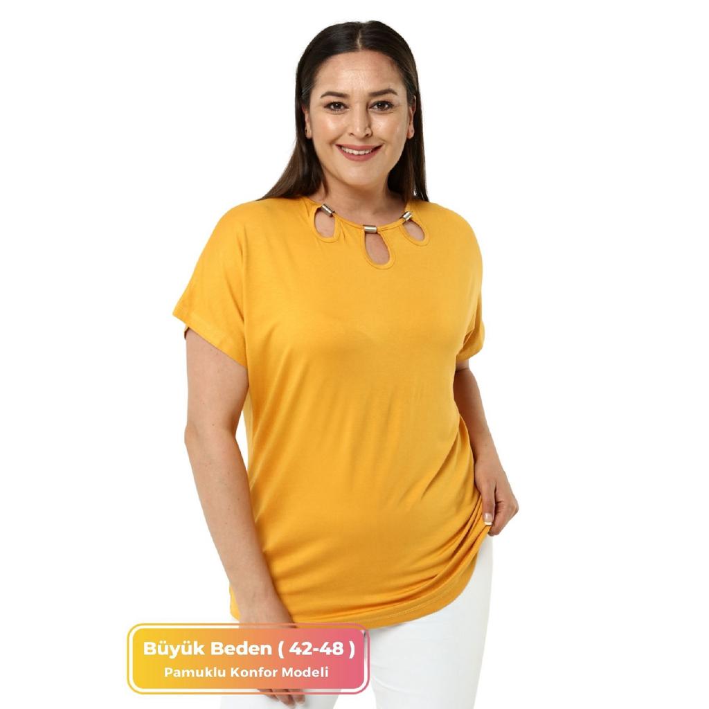 Plus Size Comfort Model Stylish Collar Detailed Cotton Curve Short Sleeve Summer Evening Dress Tunic T-shirt