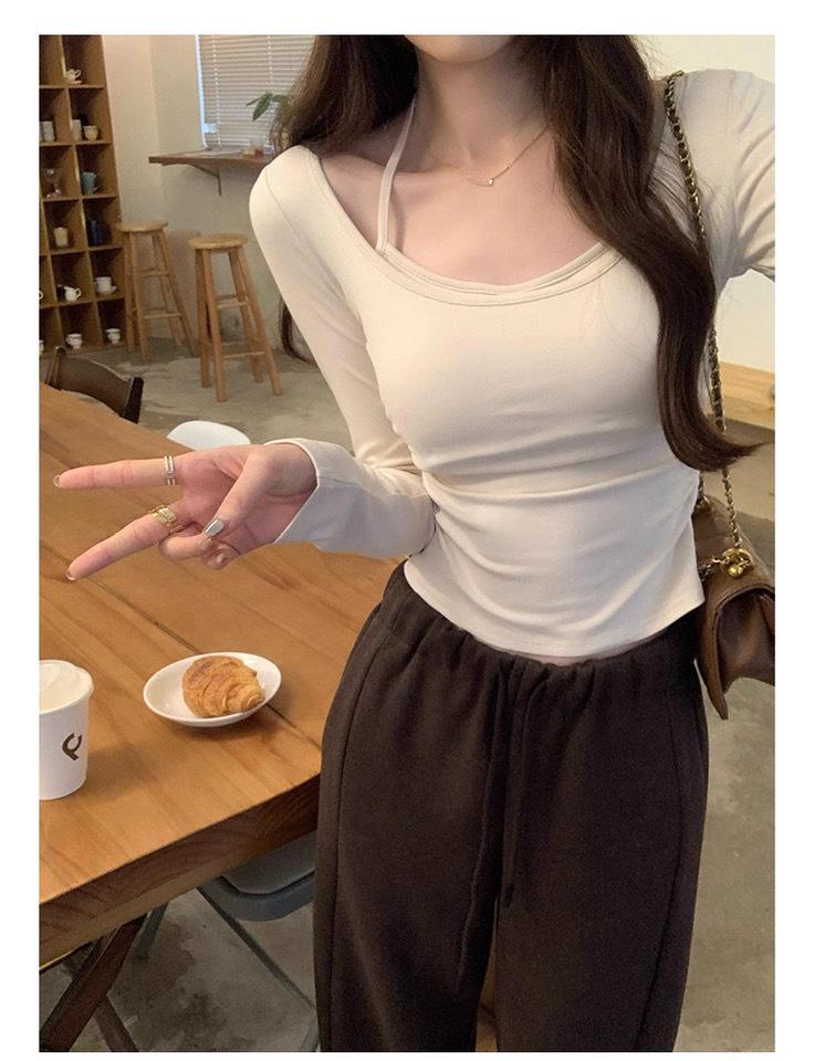 Damski 2025 Jesień/Zima Szczotkowany Slim Fit Długi Rękaw Warstwowy T-shirt z Wkładką na Biust.