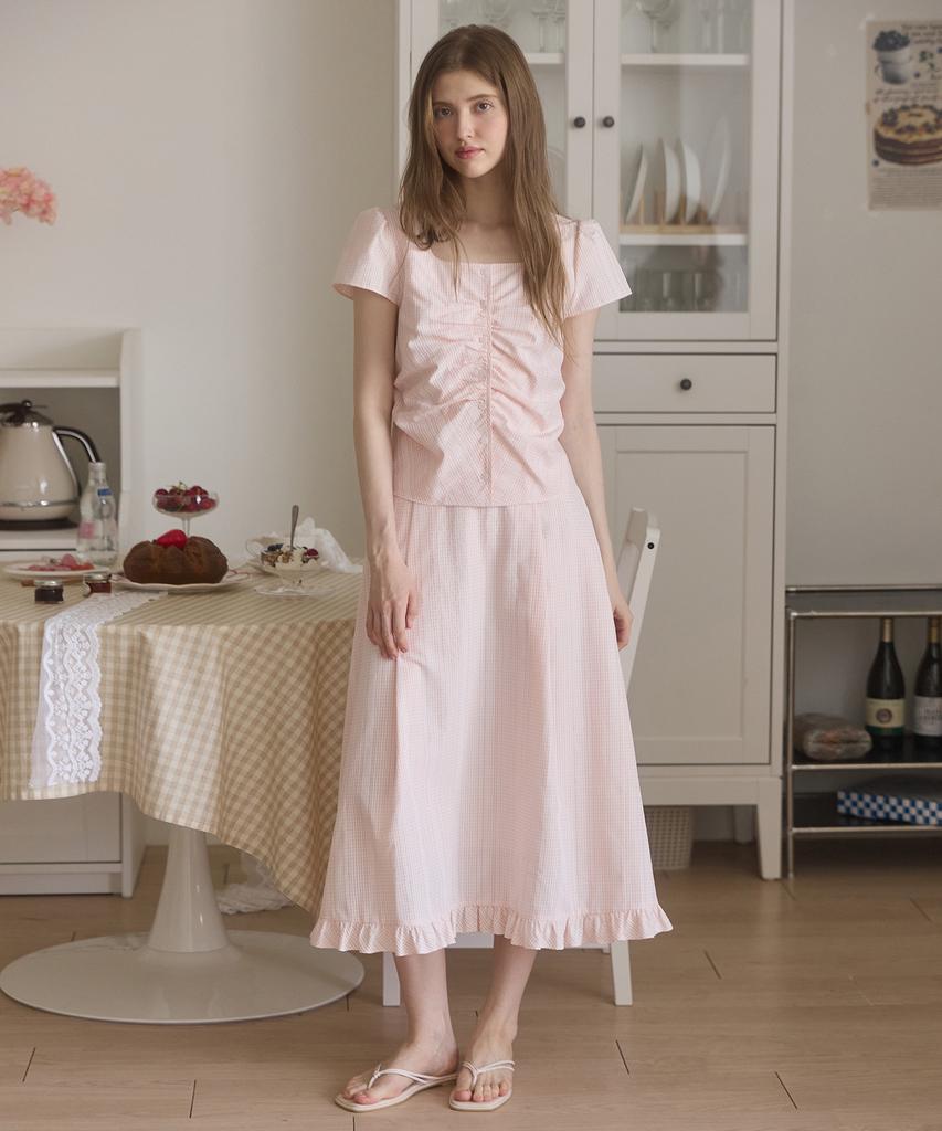NONLOCAL Lace Check Shirred Long Skirt - Pink