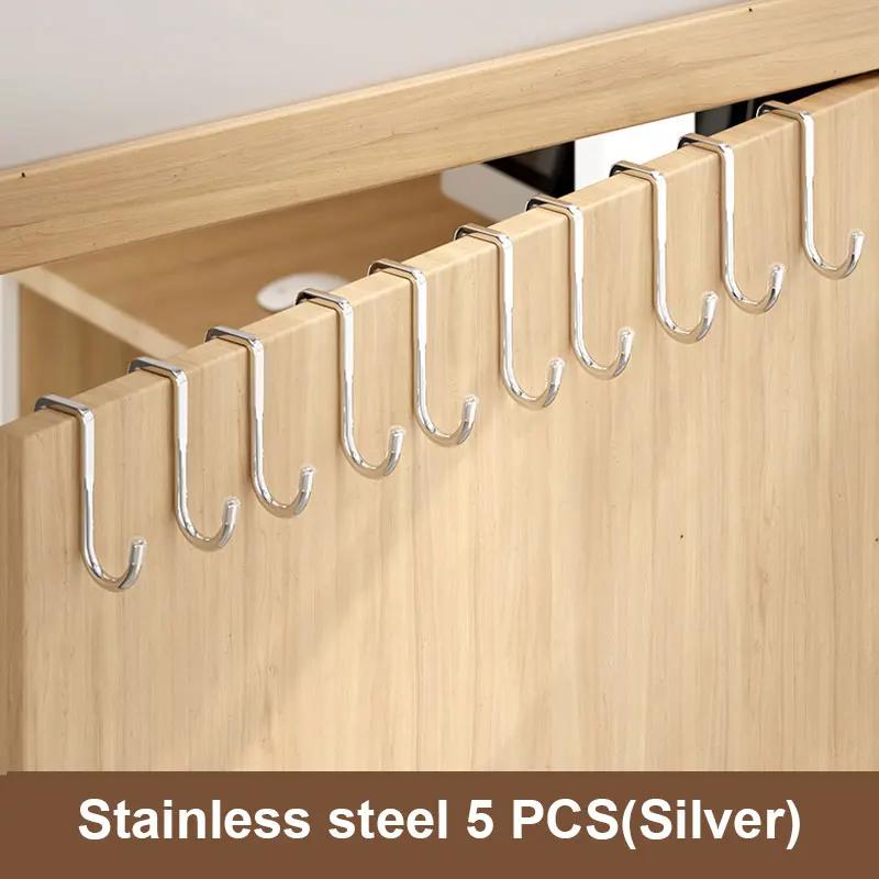 201 Stainless Steel Hook Free Punching Double S-Shape Hook Kitchen Bathroom Cabinet Door Back Type Coat Towel Storage Hanger