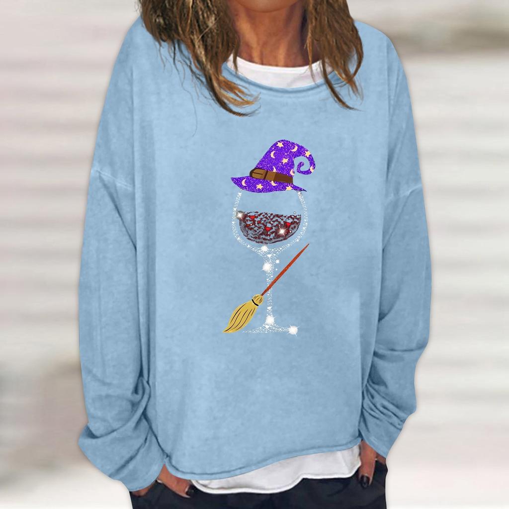 Dam Casual Mode Vintage Tryckt Långärmad O-Hals Sweatshirt Lager Pullover Topp