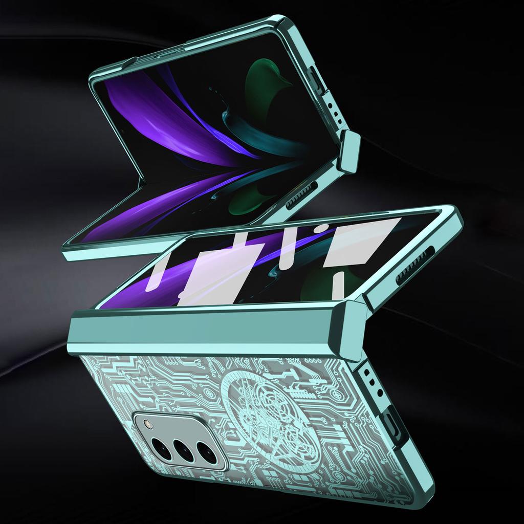 Für Samsung Galaxy Z Fold2 5G Mechanische Legenden Serie Scharnierschutz Handyhülle Hartes PC Galvanik Cover mit gehärteter Glasfolie