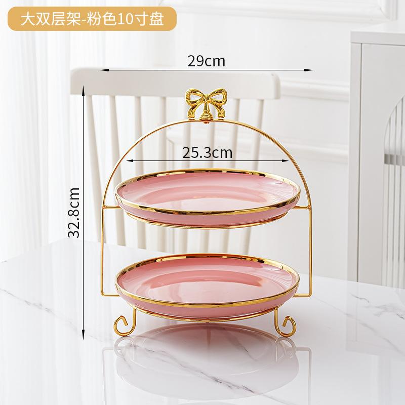 Golden Edged Double-layer Ceramic Tray, Cake Rack, Snack, Fruit Tray, Afternoon Tea Dessert Display Stand, Metal Bow Bracket