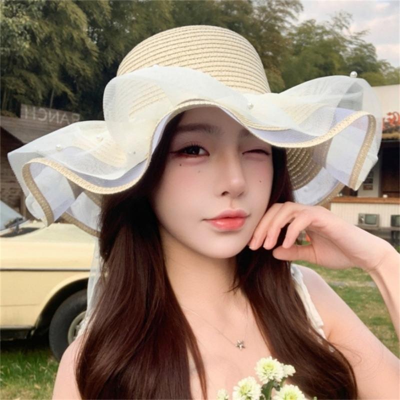Elegant Sun Hat For Women Paper Straw Breathable And Foldable Lace Bowknot Wide Brims Panama Hat for Camping Travel