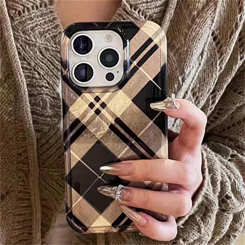 Retro Black Gold Diamond Grid Pattern Phone Case for IPhone Case 16 15 14 13 12 11 Pro XR XS Max 7 8 Plus Shockproof Back Cover