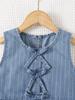 Two-piece Set for Girls: Sleeveless Top with Bow and Lace Design, and Slimming Retro Blue and White Striped Denim Shorts.