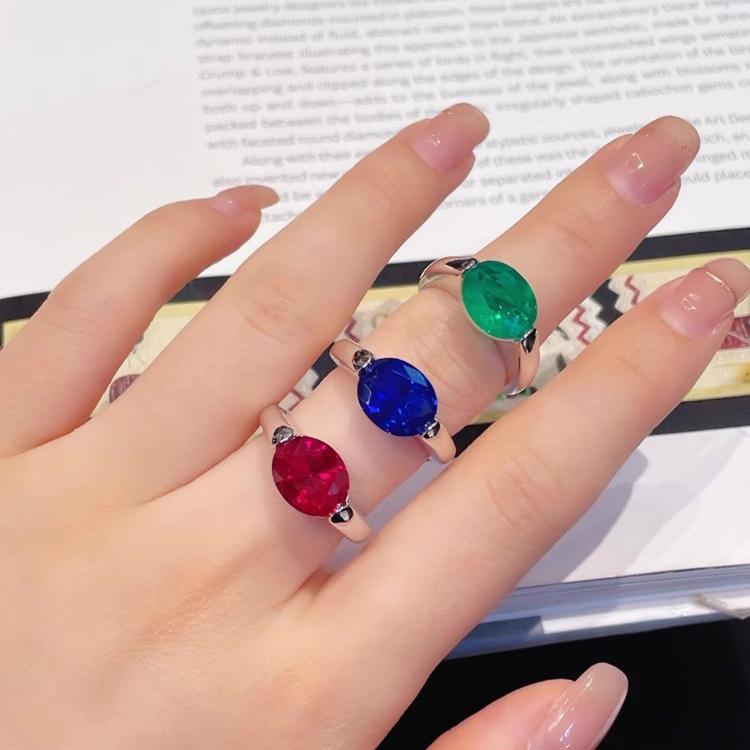 Simple Simulation Pigeon Egg Emerald Ring Inlaid With High Carbon Diamond Pigeon Blood Red Corundum Blue Pointed Crystal Ring Female