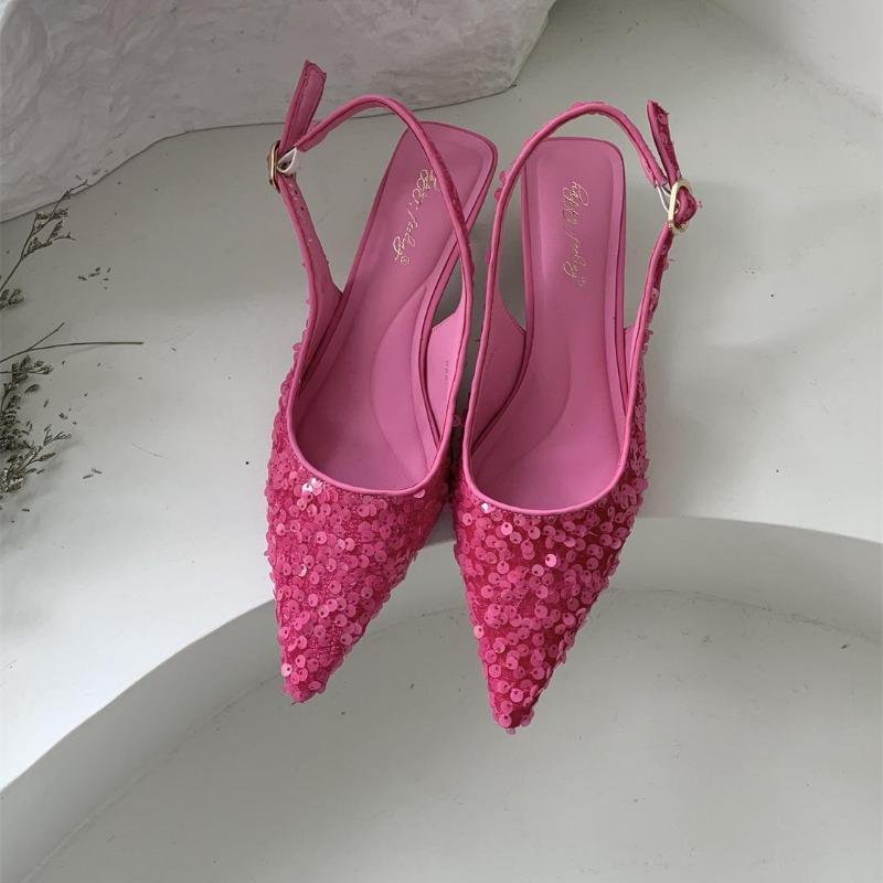 Fashion Bling Women Sandal Fashion Pointed Toe Shallow Slip On Ladies Elegant Slingback Shoes 4cm Med Heel Pumps Shoes