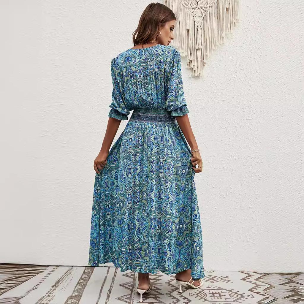 Cotton Positioning Printed Seven-Sleeve Girdle Bohemian Women's Dress Vacation Breasted Beach Dress