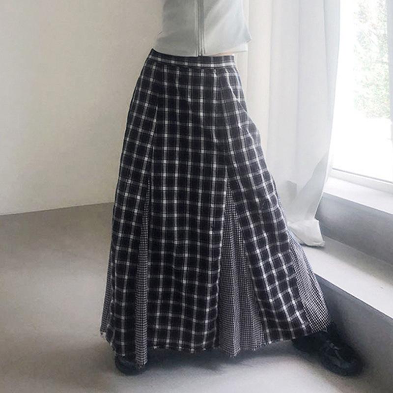 Women's Retro College Style Color Contrast Patchwork Check Low Waist Slimming All Matching Simple Skirt