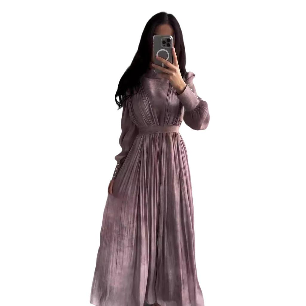 2024 Autumn Floral Print Tie Waist Slimming Pleated Dress