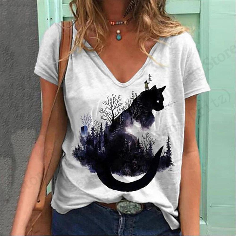 

Милая футболка с 3D-принтом кошки, женская модная футболка с V-образным вырезом и коротким рукавом, повседневные топы, футболка, женская одежда, рубашка с животным 5xl