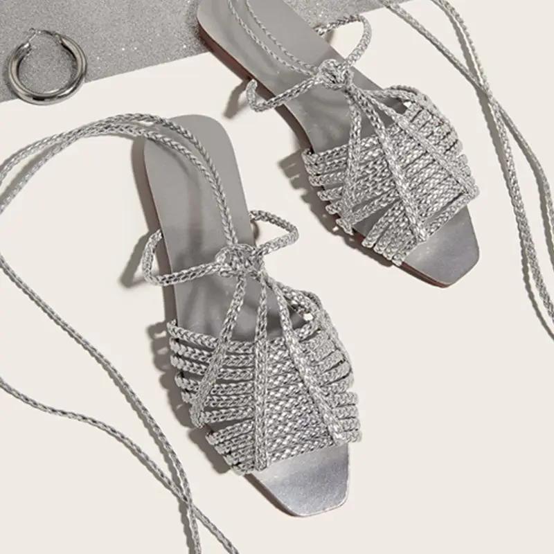 Fashion Womens Shoes 2025 All-Match Female Sandal Open Toe Large Size Strappy Heels Luxury New Girls Flat Peep Summer Big Beige