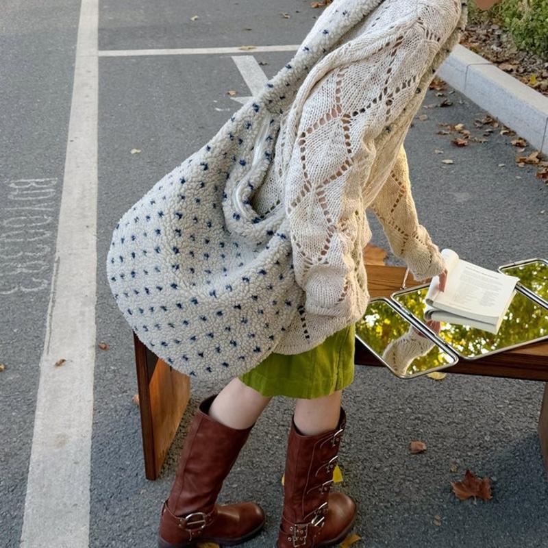 Plush Tote Bag Hot Korean Polka Dot Shoulder Bag Adjustable Drawstring Crossbody Bag Commuter Zipper Tote Bag Travel Storage Bag