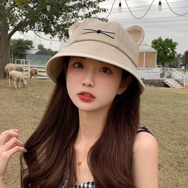 Cute cat hat bucket hat female summer small fresh versatile basin hat student sun hat cat ear hat