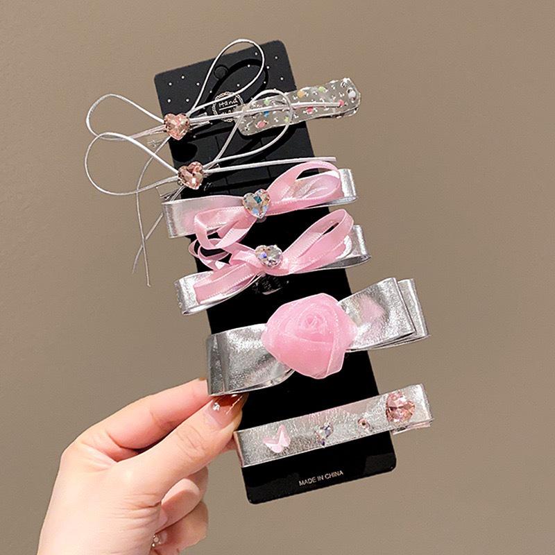 2024 Y2K Silver Leather Bow Hair Clip with Pink Heart Design