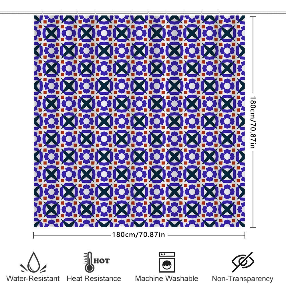 Modern Geometric Bathroom Shower Curtain Sets Made From Waterproof Polyester Fabric In Blue, Green And Orange Colors