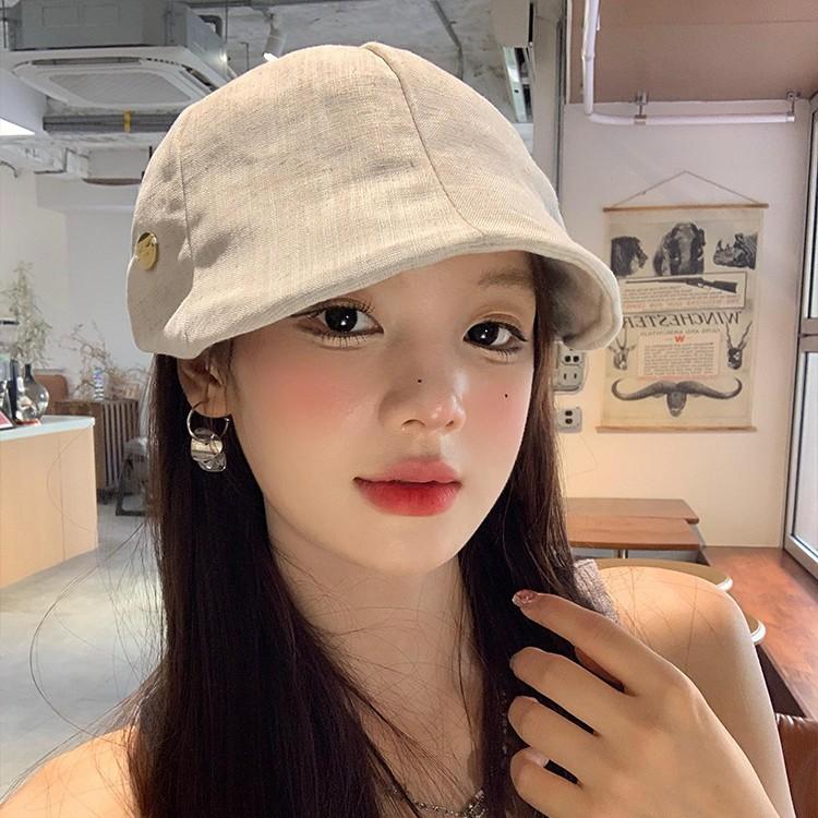 Linen forward hat women's big head circumference wide brim show face small newsboy hat retro literary style beret hat tide