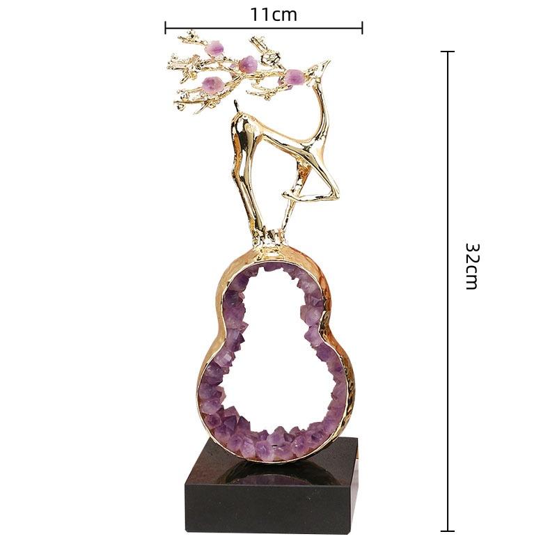Metal Handicrafts Crystal Green Gourd Sculpture Golden Deer Metal Figurine Lucky Crystal Statue Home Decoration Accessories