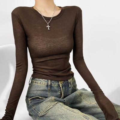 T-shirt da donna a maniche lunghe aderente con scollo rotondo semi-trasparente