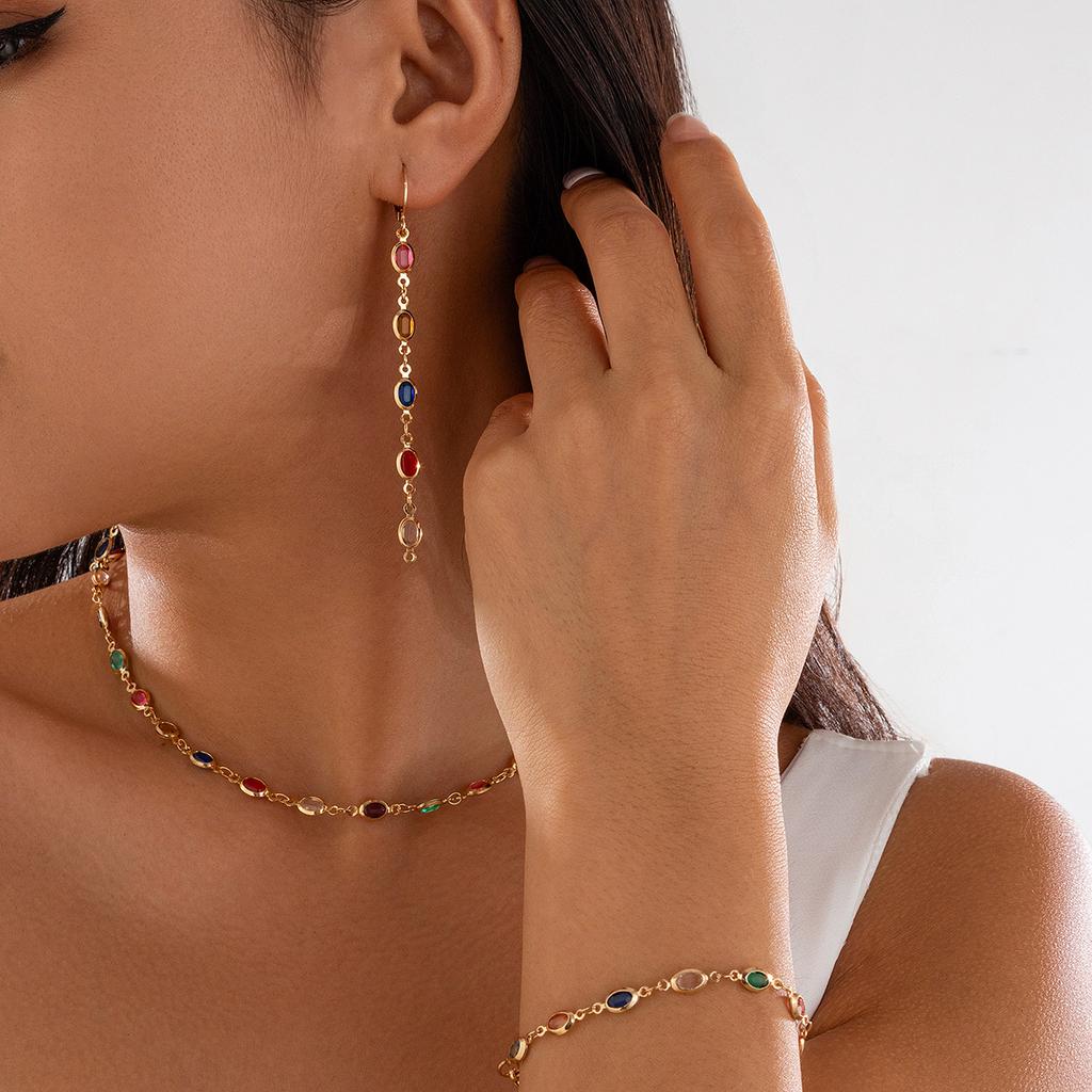 Necklace light luxury ins colored rhinestones stacked necklace, cold wind metal thin chain pendant