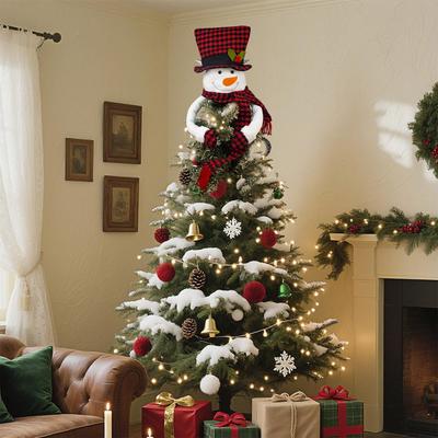 Christmas Tree Topper Plush Snowman Tree Topper with Black Plaid Top Hat Scarf Xmas Tree Ornament for Holiday Winter Home Decor