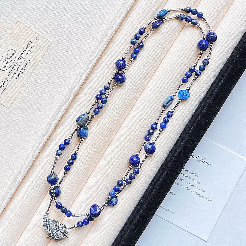 Autumn and Winter Vintage Boutiques Natural Lapis Lazuli Design Necklace Collarbone Chain Sweater Chain Women