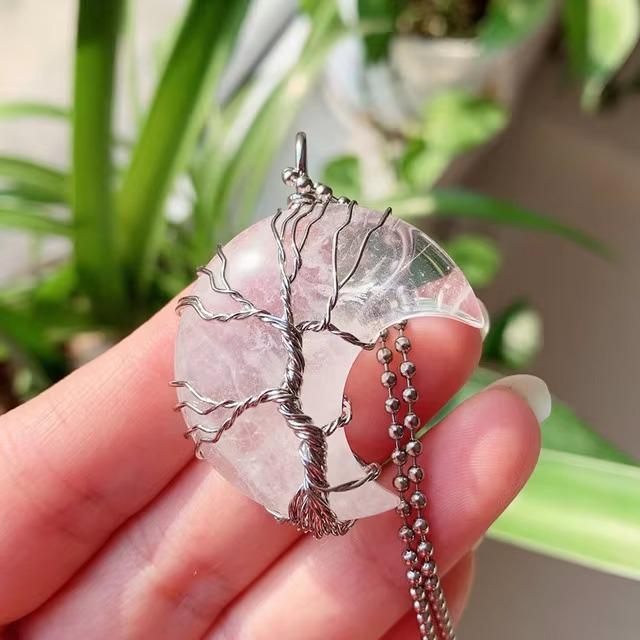 Tree of Life Moon Pendant Necklace with Amethyst Wire Wrapped Crystal Pendant + necklace