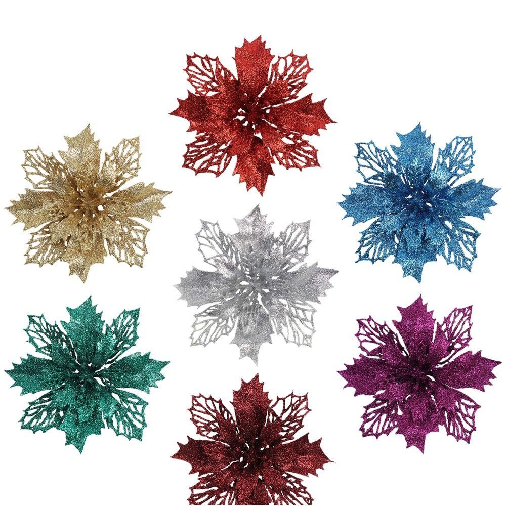 12PCS DIY Decoration Christmas Artificial Flowers 15CM Glitter Fake Flower Christmas Decor