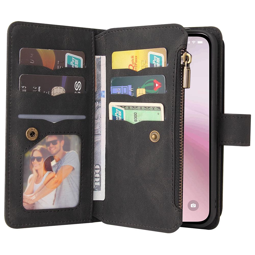 For iPhone 16e Zipper Wallet Case with 15 Card Slots and Strap Leather Phone Cover