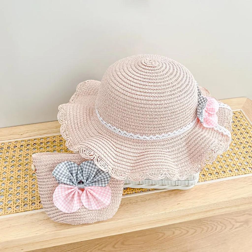 2pcs set Straw Hat And Shoulder Bag Girls Princess Summer Outdoor Fisherman Hats Baby Kids Lace Bowknot Beach Sun Cap Visor