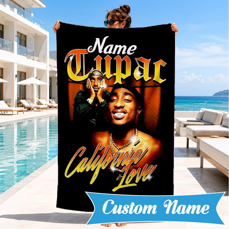 Custom Name Rap Legend Tupac Heart In Space Adventure Microfiber Beach Towel, Lightweight for Summer Travel, Swimming Pool Fan Gift
