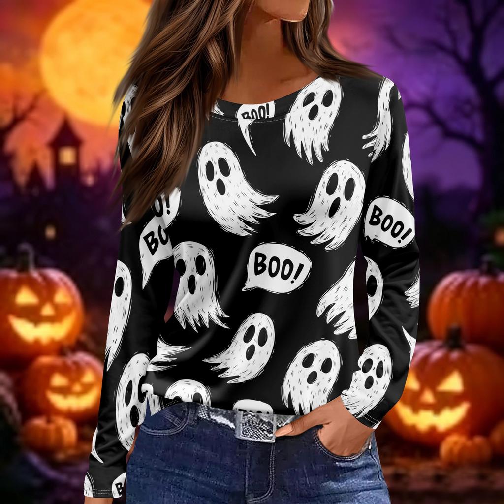 Women's Fashion Long Sleeve Neck Top with Slit Hem Halloween Print for Fall Party Occasion Wear