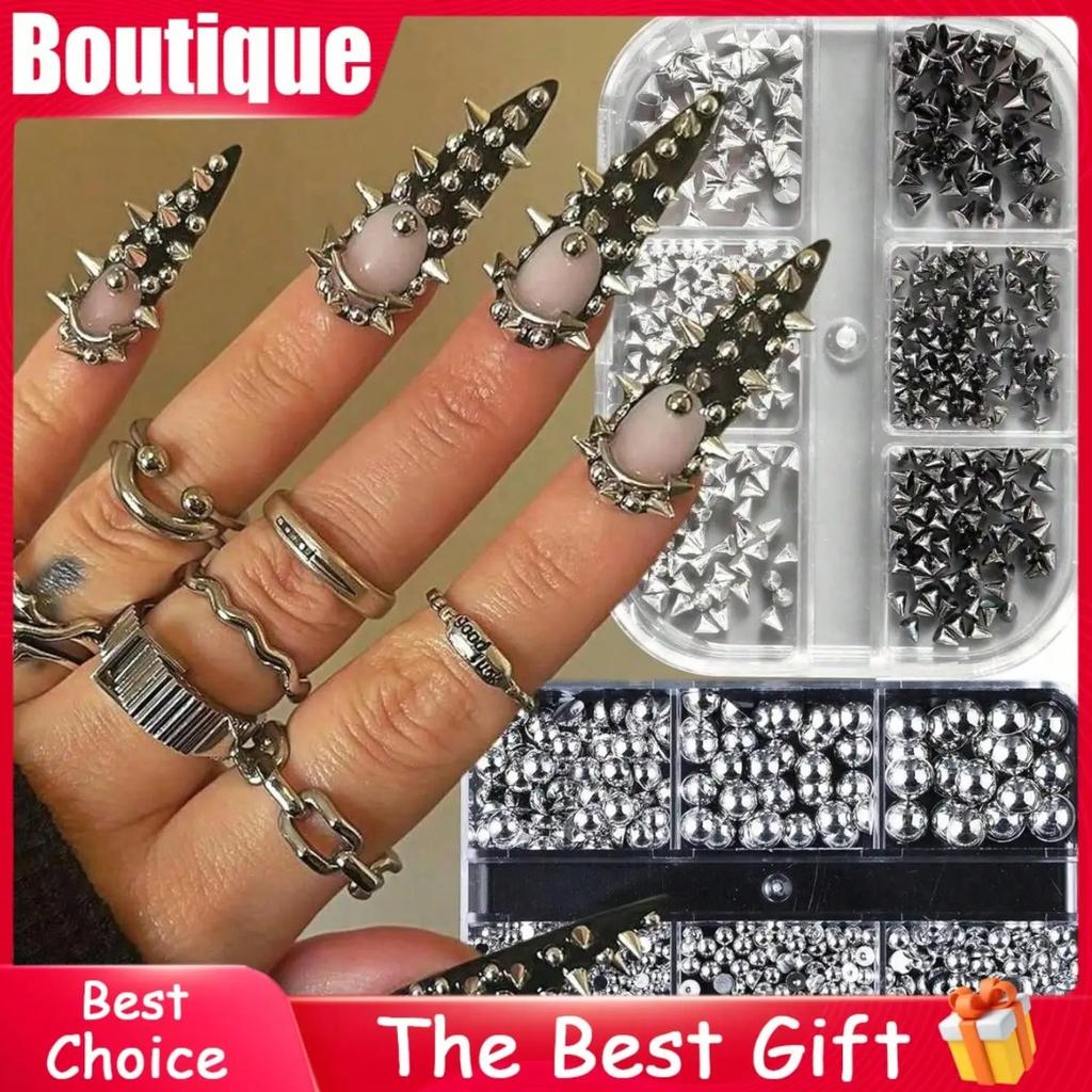 Edgy Y2K Goth Grunge Nail Charms – Spike Cone Rivet Studs in Black Silver Gold, Punk Alloy Nail Art Accessories Kit