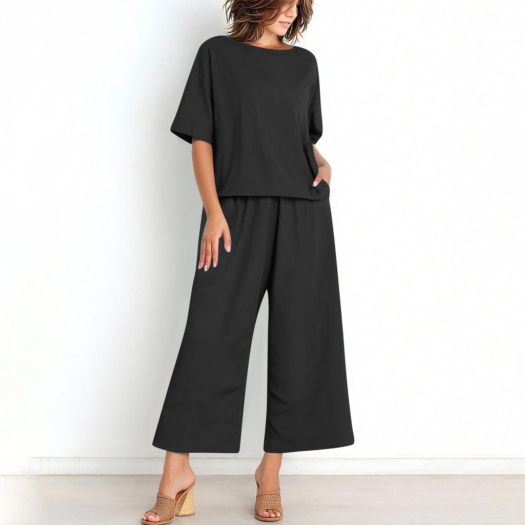 Women's Casual Fashion Sexy Long And Short Sleeve Pullover Shirt Round Neck Literary Retro Color Casual Split Suit