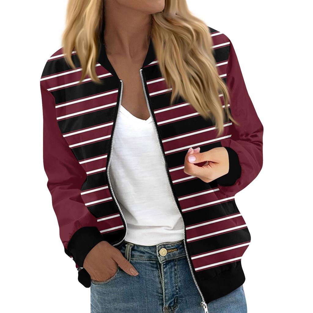 Damemote Casual Stripe Patchwork trykt jakke Glidelås med lommer Jakke